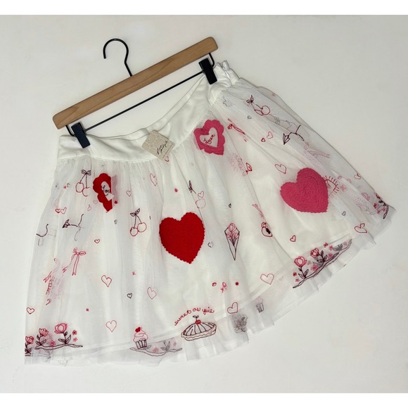 NWT!! FREE PEOPLE The Sketchbook Skirt Tulle Embroidered Mini Hearts White Large - Picture 3 of 16